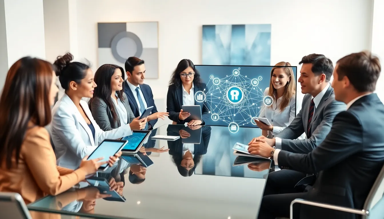 diverse team discussing data in a modern conference room.